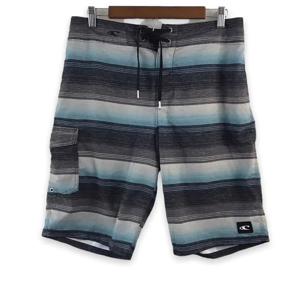 O’Neill Men's Size 32 Hybrid Board Shorts Blue Gray Stripe Tie Waist Surf‎ Beach